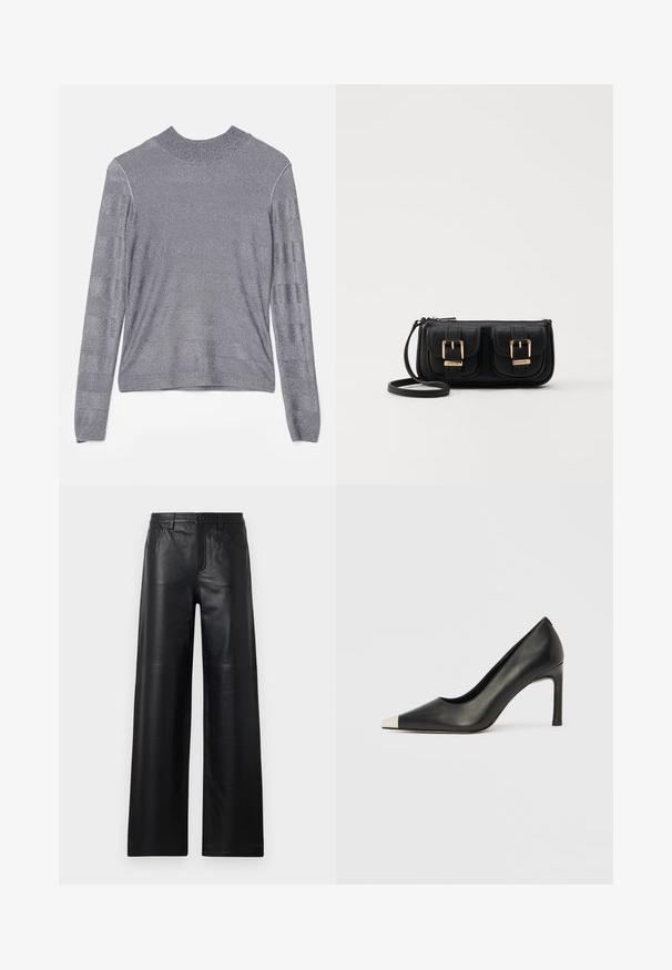 Siv svetar dolgih rokavov z okroglim izrezom, gladkim, teksturiranim materialom z metalnim sijajem in subtilnimi horizontalnimi črtami.; Široke črne usnjene hlače gladke teksture, s sprednjimi žepi, gumbom za zapiranje in subtilnimi detajli šivanja.; Črni usnjeni čevelj z visokim petom, s koničastim prstom in kovinsko srebrno kapico. Ima gladko površino in vitko peto višine 10 cm.; Črna usnjena torbica čez ramo z dvema sprednjima žepoma, zlatimi zaponkami, zadrgo in ozkim pasom. Tekstura površine je strukturirana, obliko pa ima kompaktno pravokotno.