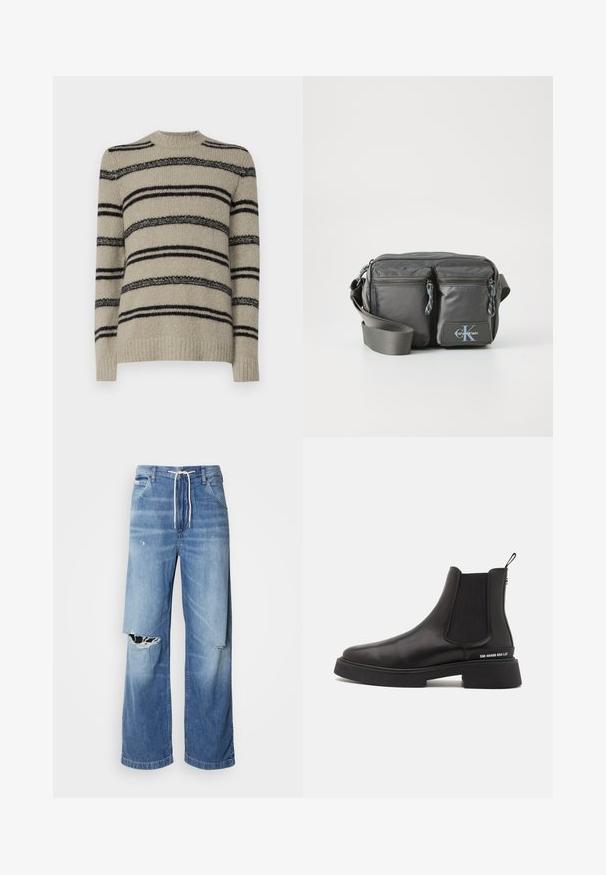 Beigefarbener Pullover mit schwarzen Streifen, gestrickte Textur, Rundhalsausschnitt und lange Ärmel. Verfügt über unterschiedlich dicke Streifen für zusätzliche Details.; Helle blaue Denim-Jeans mit einer lockeren Passform, ausgestattet mit einem weißen Kordelzugbund und markanten Rissen auf der Vorderseite, die ausgefranste Kanten zeigen.; Steve Madden ZHANE - Stiefelette - black; Graue Nylon-Crossbody-Tasche mit zwei Reißverschluss-Fronttaschen, verstellbarem Riemen und Logo-Akzent. Glatte Textur mit modernem Design.