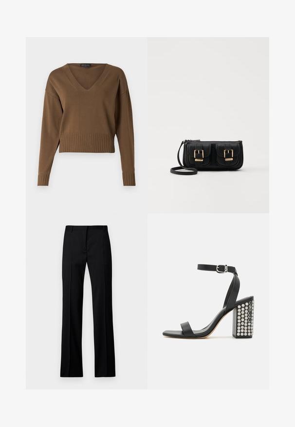 Brun cropped genser med V-hals, ribbestrikket kant og lange ermer. Laget av et glatt strikket stoff med en subtil tekstur.; Svarte rettloved bukser i glatt stoff, med flat front, beltefester og ingen synlige lommer eller utsmykninger.; Svarte lær sandaler med hæl og ankelrem. Har firkantet tå, glatt tekstur og firkantet blokkhæl prydet med sølvnitter.; Svart skinn crossbody veske med to frontlommer, gyldne spenner, glidelåslukking og en slank stropp. Teksturert overflate og kompakt rektangulær form.
