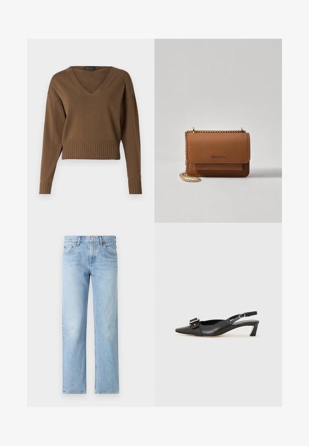 Brun cropped genser med V-hals, ribbestrikket kant og lange ermer. Laget av et glatt strikket stoff med en subtil tekstur.; Lyseblå denimjeans med rett passform, fem lommer, knapp- og glidelås-lukking, og en lett falmet finish.; Svarte skinn slingback-sko med spiss tå, liten hæl og dekorativ spenne-detalj på overdelen. Glatt tekstur, minimalistisk design.; Brun teksturert lær crossover-veske med gullkjede-stropp og klaffelukking. Fronten har logo-detalj og en lomme under klaffen.