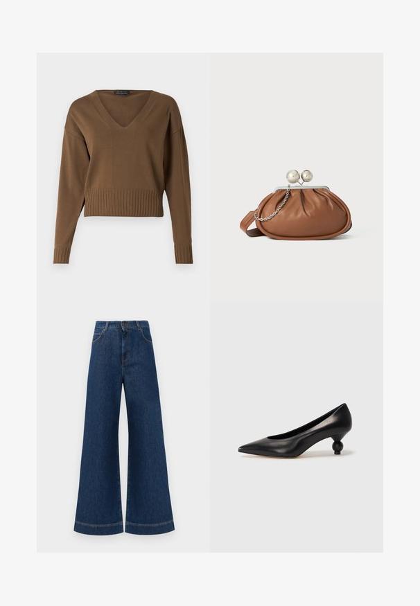 Brown cropped sweater with a V-neck, ribbed hem, and long sleeves. Made from a smooth knit fabric with a subtle texture.; Wide-leg blue denim jeans with a high waist, featuring a button closure, belt loops, and subtle stitching details along the pockets and hems.; Black leather high heel shoe with a pointed toe and a round, balled heel. Smooth texture with a sleek, minimal design.; Brown leather clutch purse with silver ball clasp and a small silver chain detail on a white background.