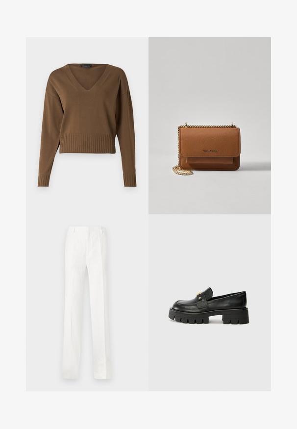 Barna, rövidített pulóver V-kivágással, bordázott szegéllyel és hosszú ujjakkal. Simán kötött anyagból készült, finom textúrával.; Fehér, egyenes szárú nadrág, könnyű anyagból készült. Lapostartóval, övhurkokkal és látható minták vagy díszítések nélkül készült.; Fekete bőr loaferek masszív talppal, elöl arany színű díszítéssel és sima felülettel. A talpon vastag mintázat található.; Barna textúrájú bőr keresztbody táska arany lánc pánttal és fedélzárral. Az elején logó részlet és egy zseb található a fedél alatt.