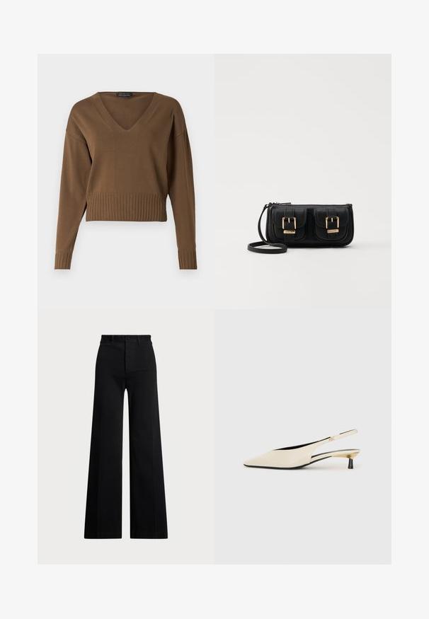 Maglione corto marrone con scollo a V, orlo a coste e maniche lunghe. Realizzato in un tessuto a maglia morbido con una sottile texture.; Pantaloni neri a gamba larga realizzati in tessuto intrecciato, con vita alta, chiusura anteriore con bottone e tasche laterali. Texture liscia con linee pulite.; Scarpe slingback in pelle verniciata beige con punta affusolata, tacco sottile nero e accenti metallici dorati sui lati.; Borsa a tracolla nera in pelle con due tasche frontali, fibbie dorate, chiusura con zip e una tracolla sottile. Superficie texturizzata e forma rettangolare compatta.