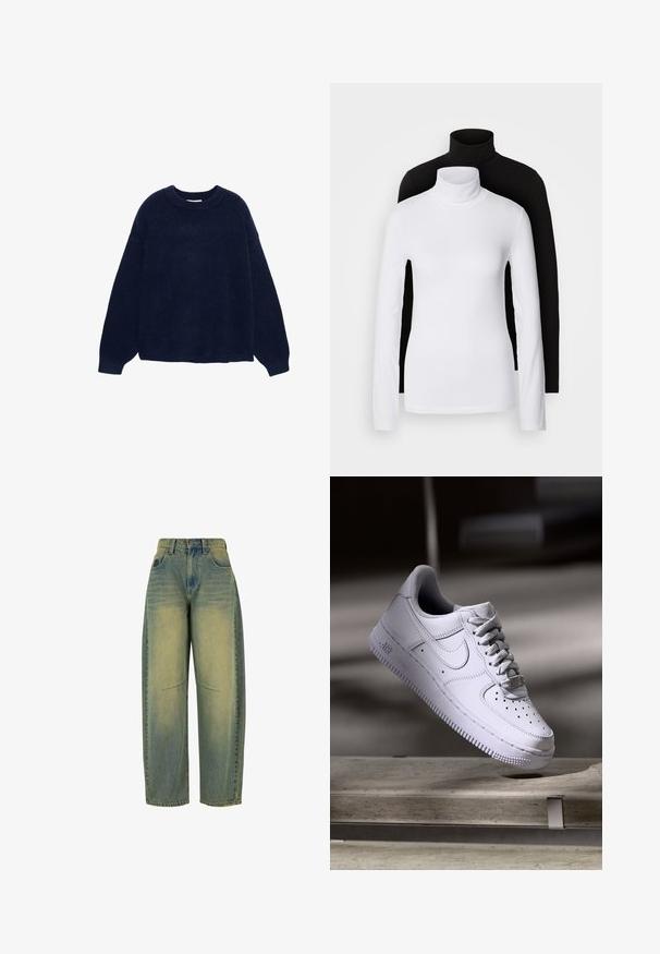 Sötétkék kötött pulóver puha anyagból, kerek nyakkivágással és széles ujjakkal, laza szabásban, látható minták vagy fémalkatrészek nélkül.; Két hosszú ujjú garbó felső, az egyik fehér, a másik fekete, sima, rugalmas anyagból készült, mindkettő karcsú szabású és magas nyakú.; Világoskék, széles szárú farmernadrág, elhasználódott textúrával. Öt zsebe van és magas derékkal rendelkezik. Tiszta szegés és finom varrási részletek jellemzik.; Fehér Nike Air Force 1 sportcipő lebeg egy betonfelület felett árnyékokkal, minimalista környezetben.