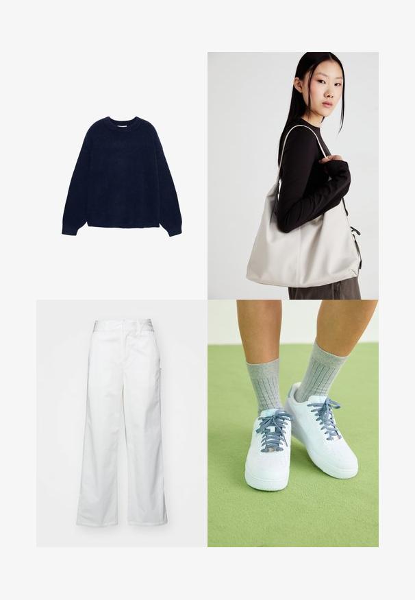 Pulover tricotat de culoare bleumarin, realizat dintr-un material moale, cu guler rotund și mâneci largi, având o croială lejeră și fără modele sau detalii metalice vizibile.; Pantaloni largi albi din bumbac, cu o textură fină, croi drept, buzunare frontale și tiv curat.; Tenisi din piele albă cu accente bleu, design cu vârful perforat și șireturi texturate albastre și albe, purtați cu șosete gri cu dungi.; Geantă bej din material moale, cu un design lejer, detalii cusute și două bretele pentru umăr. Potrivită pentru utilizarea zilnică.