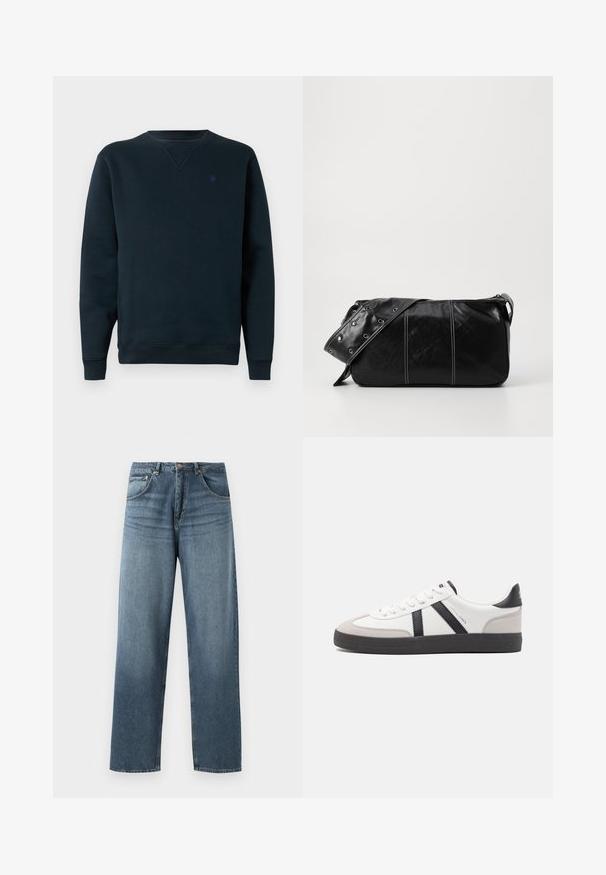 Marineblå crew-neck sweatshirt laget av mykt stoff, med ribbestrikkede mansjetter og hem, samt en liten logo på brystet. Enkel, minimalistisk design.; Rett ferdige blå denim-jeans med en falmet vask, som har fem lommer, metallknapp og beltehaller. Strukturert, middels tykt stoff.; Hvite sneakers med svarte og grå detaljer, med en teksturert grå tåhette, svart gummisåle, og flate hvite lisser. Rent design, minimalistisk stil.; Svart lær skulderveske med glidelås, med teksturert overflate, hvite sømmer og en stropp med sølvringer.