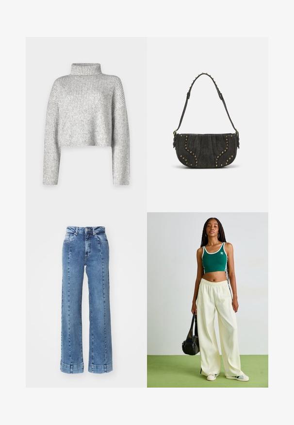 Grå kortermet genser laget av ribbestrikket stoff, med høy hals og lange ermer, med en myk tekstur og subtil fargevariasjon.; Lys blå denim bukser med brede ben og høy midje, med frontlommer og sømde detaljer. Bunnkanten er rullet og sydd.; Grønn kort tanktop med hvit kant, kombinert med vide kremfargede bukser. Modellen holder en liten svart veske. Enkle sneakers.; Svart semsket håndveske med en buet design, med nagle detaljer og en teksturert overflate. Justerbar stropp med nagler langs kanten.
