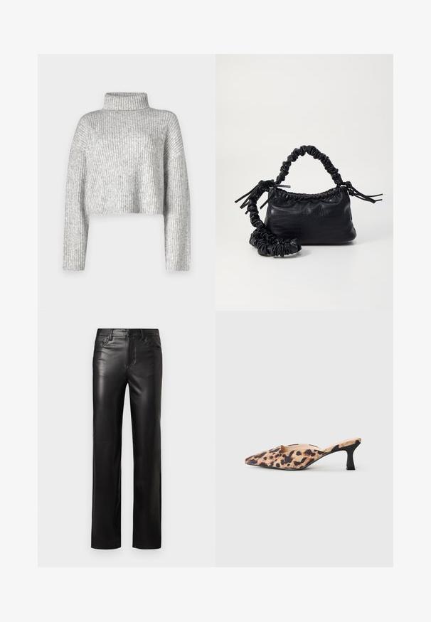 Szary krótki sweter wykonany z zamkniętej dzianiny, z wysokim kołnierzem i długimi rękawami, o miękkiej teksturze i subtelnych odcieniach kolorów.; Czarne skórzane spodnie o prostym kroju, z zapięciem na guzik i przednimi kieszeniami. Gładka faktura z subtelnymi detalami w szwach.; Czółenka z wydłużonym noskiem, z wierzchem w panterkę i niskim czarnym obcasem typu kitten na jasnym tle.; Czarna torebka z syntetycznej skóry o teksturze krokodyla, z zaciąganym górnym zamknięciem i marszczonym paskiem. Wygląda na miękką i zwartą w designie.