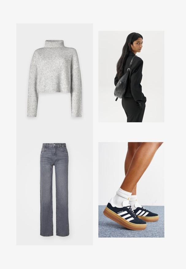 Grå kortermet genser laget av ribbestrikket stoff, med høy hals og lange ermer, med en myk tekstur og subtil fargevariasjon.; Grå vide ben jeans laget av denim med en glatt tekstur, med en knapp- og glidelås-lukking, og fem lommer.; Svarte sneakers i semsket skinn med hvite striper og detaljer, rund tå, yttersåle i gummigummi, kombinert med hvite ribbestrikkede crew-sokker.; Kvinne med langt mørkt hår iført et svart jakkesett, som bærer en svart skinn skulderveske, og ser over skulderen mot en hvit bakgrunn.