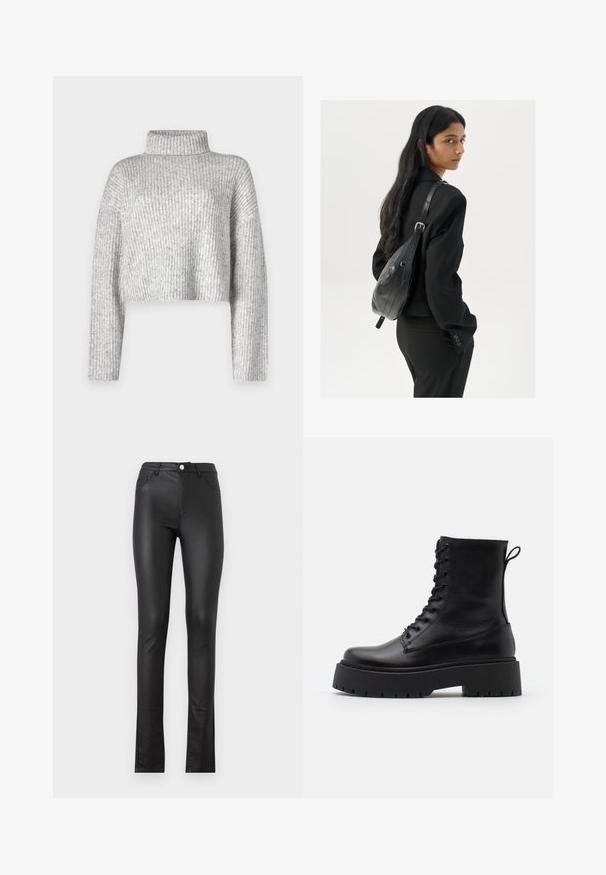 Šedý krátky sveter z ribovaného úpletu, vybavený vysokým golierom a dlhými rukávmi, s mäkkou textúrou a jemnými farebnými variáciami.; Čierne nohavice z imitácie kože so štíhlym strihom, s predným zapínaním na gombík, dvoma prednými vreckami a mierne rozšíreným lemom na spodnej časti.; Čierne kožené členkové topánky s okrúhlou špičkou, šnurovaním vpredu a hrubou gumovou podrážkou s textúrovaným vzorom. Sťahovací pútko na zadnej strane.; Žena s dlhými tmavými vlasmi, oblečená v čiernom obleku, nesúca čiernu koženú kabelku na ramene, pozerajúca cez rameno na bielom pozadí.; Strieborné kruhové náušnice s minimalistickým dizajnom. Cirkulárny tvar, hladký povrch a tenký profil. Ľahké s lesklým povrchom.