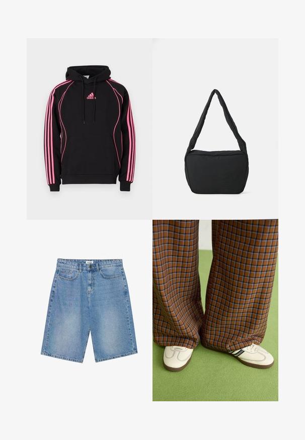 Čierna mikina s kapucňou a ružovými detailmi, s tromi pruhmi na rukávoch. Obsahuje predné vrecko a sťahovaciu kapucňu. Zmes bavlny.; Džínové šortky svetlomodré farby so stredným strihom, dizajnom s piatimi vreckami a kontrastným prešívaním. Obsahujú zapínanie na gombík a zips.; Hnedé a modré kárované nohavice s širokými nohavicami skombinované s bielymi topánkami s čiernymi akcentmi a textúrovanými podrážkami, umiestnené na zelenom pozadí.; Čierna ramenná taška s polstrovanou textúrou, zaobleným tvarom a širokým popruhom, s embosovaným logom na prednej strane.