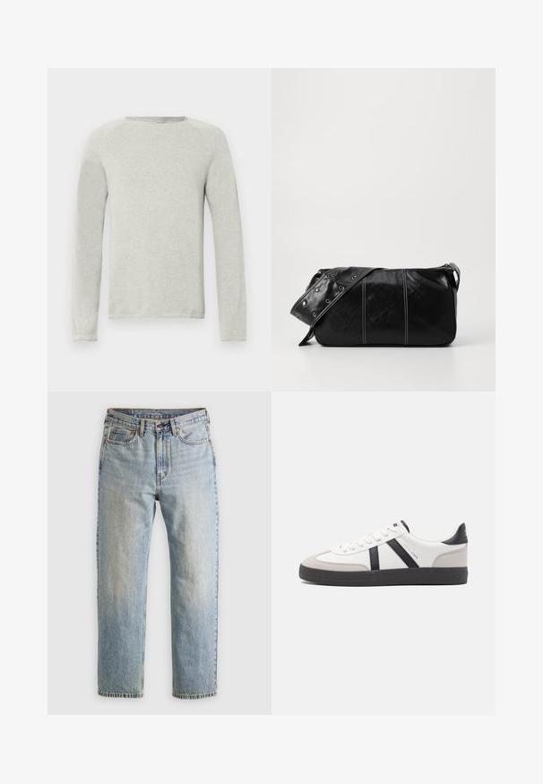 Šviesiai pilka ilgomis rankovėmis marškinėliai su apvaliu kaklu, tekstūruotas audinys ir raglan rankovės. Paprastas dizainas, be matomų logotipų ar raštų.; Šviesiai mėlynos džinsinės kelnės su aukštu liemeniu, priekyje mygtukas, užtrauktukas ir penkių kišenių dizainas, išklotos ant neutralios fono.; Balti sportbačiai su juodais ir pilkais akcentais, pasižymintys tekstūruotu pilku pirštų dangteliu, juoda gumine padais ir plokščiomis baltomis raišteliais. Švarus dizainas, minimalistinis stilius.; Juodas odinis pečių krepšys su užtrauktuku, turintis tekstūruotą paviršių, baltą siuvinėjimą ir dirželį su sidabinėmis metalinėmis detalėmis.