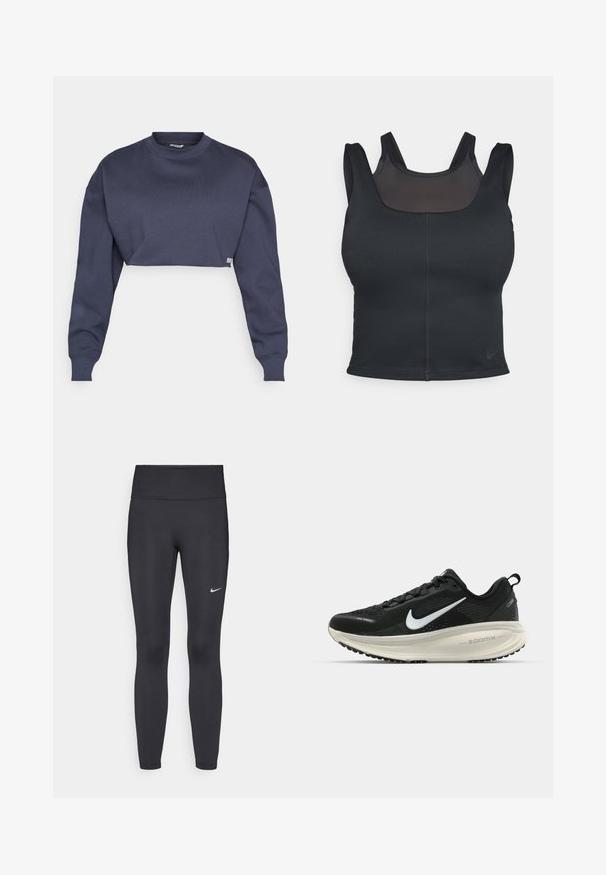 Felpa navy cropped in cotone, con scollo rotondo, maniche lunghe e tessuto testurizzato, dotata di un discreto tag logo sull'orlo.; Bra sportivo nero con design aderente, spalline larghe e sovrapposizione in rete sul davanti. Texture liscia e cuciture minime. Logo Nike sulla parte inferiore.; Leggings neri realizzati in tessuto elasticizzato, con una vita alta e un logo Nike bianco sulla coscia sinistra. Tessuto liscio, design aderente.; Scarpa da corsa nera Nike con tomaia in rete traspirante, logo Swoosh bianco, dettagli testurizzati e intersuola ZoomX di colore crema.