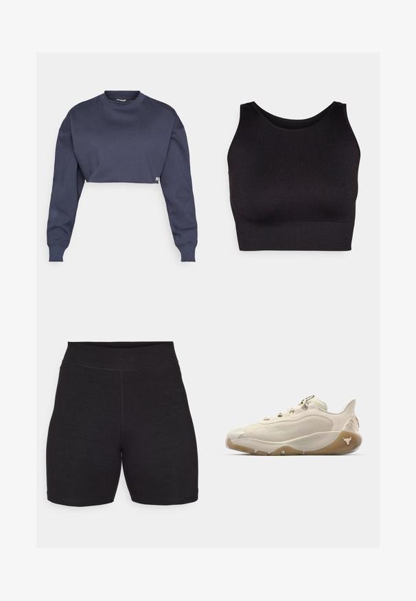 Kropēts tumši zils kokvilnas sporta krekls ar apaļu kakla izgriezumu, garām piedurknēm un teksturētu audumu, ar smalku logotipu uz apakšmalas.; Melnā ribota īsā topa ar augstu kakla izgriezumu un plašām rokām, kas izgatavota no mīksta, elastīga auduma komfortam un bezšuvju dizaina.; Melni riteņbraukšanas šorti ar augstu jostasvietu, izgatavoti no elastīga, mīksta auduma. Iezīmē plakanas šuves un gludu tekstūru komfortam.; Baltas sporta apavi ar elegantu dizainu, izgatavoti no sieta un zamšādas materiāliem, ar saistēšanas aizdari un gumijas zoli, kurai ir reljefa papēža akcenti.