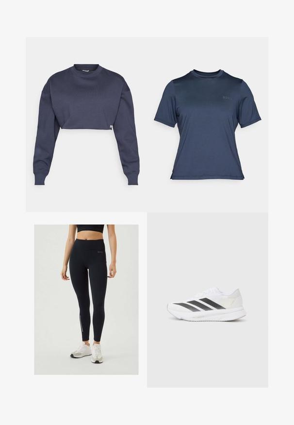 Sweatshirt scurt, de culoare bleumarin, fabricat din bumbac, cu guler rotund, mâneci lungi și material texturat, având un eticheta logo subtilă pe tiv.; Tricou sportiv cu mânecă scurtă, de culoare albastru marin, realizat dintr-un material neted și ușor. Prezintă un guler rotund și un logo subtil BORG pe partea din față.; Björn Borg RUNNING - Leggings - black; Săptămână albă de sport cu dungi diagonale negre, partea superioară din plasă, vârf rotunjit și talpă texturată. Accentele includ un toc argintiu și un design minimalism.