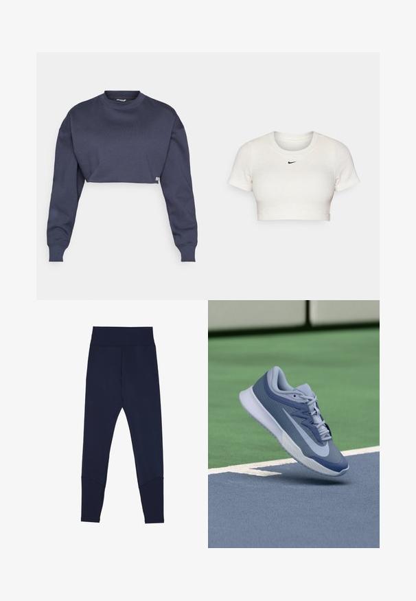 Skraćeni tamnoplavi dukserica od pamuka, s okruglim izrezom, dugim rukavima i teksturiranim materijalom s diskretnom oznakom na rubu.; Skraćeni bijeli T-shirt od rebrastog materijala s kratkim rukavima i okruglim izrezom; sadrži mali crni Nike logo na prsima.; Tamno plave tajice izrađene od rastezljivog materijala, sa širokim elastičnim pojasom, kontrastnim šavovima i suženim krojem na zapešćima.; Sportske tenisice u svijetloplavoj i tamnoplavoj boji, s teksturiranim gornjim dijelom, ravnim vezicama i laganim bijelim potplatom. Iznad su povišene u odnosu na teren.