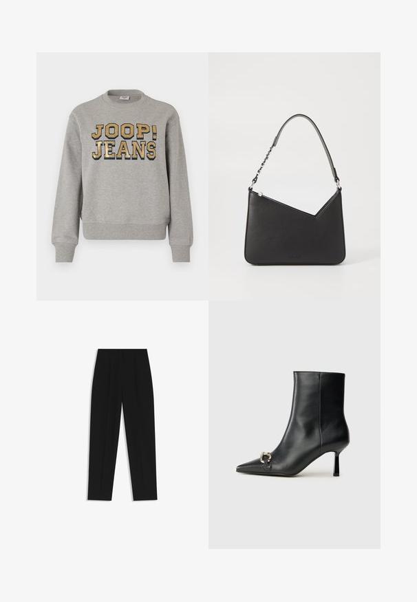 Grijze sweater met een geribde halslijn en mouwen. De voorkant toont "JOOP! JEANS" in grote, gouden glinsterende letters met een marineblauwe rand.; Zwarte broeken met een rechte pasvorm, voorzien van dubbele plooien, een zachte textuur en een klassiek taillebandontwerp. Geen zichtbare hardware of accenten.; Zwarte leren enkelboot met spitse neus, slanke middenhoge hak en zilveren gespdetail aan de zijkant op een effen achtergrond.; Zwart leren handtas met een driehoekige vorm, een slanke strap en zilveren hardware. Voorzien van een ritssluiting en een reliëflogo op de voorkant.
