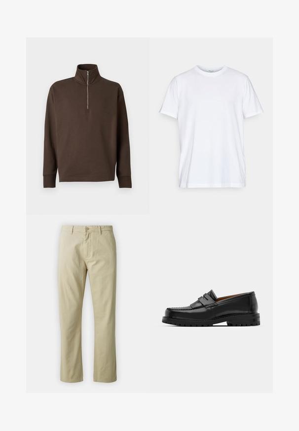 Sötétbarna, hosszú ujjú pulóver magas gallérral és fél cipzáros elején, sima fehér háttér előtt bemutatva.; Fehér pamut póló rövid ujjakkal, kerek nyakkivágással és laza fazonnal. Minimalista dizájn jellemzi, nincsenek minták vagy díszek.; Beige színű, egyenes lábú pamut nadrág, elöl gombos záródással és övhurkokkal. Simaság jellemzi, látható minták vagy díszítések nélkül.; Fekete bőr loaferek kiemelkedő varrással, két díszcsíkkal a felső részen és vastag, struktúrált talppal rendelkeznek a jobb tapadás érdekében.