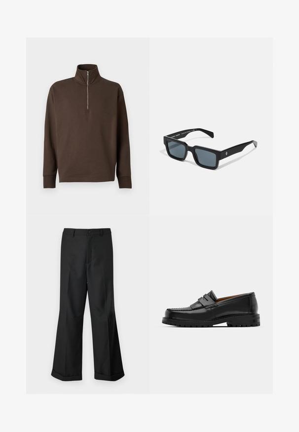 Sötétbarna, hosszú ujjú pulóver magas gallérral és fél cipzáros elején, sima fehér háttér előtt bemutatva.; Fekete, bő szárú nadrág gombos derékkal és felhajtott szegélyekkel, sima fehér háttér előtt bemutatva.; Fekete bőr loaferek kiemelkedő varrással, két díszcsíkkal a felső részen és vastag, struktúrált talppal rendelkeznek a jobb tapadás érdekében.; Fekete, matt felületű, téglalap alakú napszemüveg, sötét tónusú lencsékkel és diszkrét logóval a keret oldalán. Egyedi szögletes dizájn.