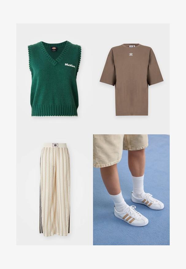 Zelena brezrokavnica iz pletenine z V-izrezom, rebrastimi robovi, belim obrobjem in logotipom "Dickies" na prsih.; Brahna bomba majica s kratkimi rokavi, okroglo ovratnikom in belim Adidasovim logotipom v sredini prsnega dela, z enostavnim dizajnom in sproščenim krojem.; Hlače širokega kroja kremne barve z zigzag vzorcem, opremljene z črnim logotipom na pasu in stranskimi črnimi črtami. Lahka, teksturirana tkanina.; Bele teniske s tremi zlatimi črtami, zavezane, z gumijastim podplatom, nosene z rebrastimi belimi nogavicami in bež kratkimi hlačami na modri površini.