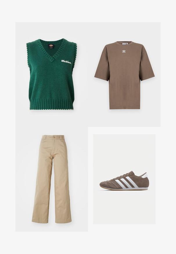 Grønn ermeløs strikket vest med V-hals, ribbestrikkede kanter, hvit kanting, og "Dickies" logo på brystet.; Brun bomulls t-skjorte med korte ermer, rund hals og hvit Adidas-logo sentrert på brystet, med ensartet design og avslappet passform.; Beige vide bukser laget av bomull, med knappelukking og belteholdere, med en glatt tekstur og ren finish.; Brune suedette sportsko med hvite striper, rund tå, snørebånddesign og såle av gummi. Teksturert overdel med sømdetaljer.