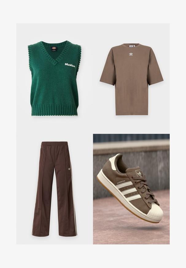 Grønn ermeløs strikket vest med V-hals, ribbestrikkede kanter, hvit kanting, og "Dickies" logo på brystet.; Brun bomulls t-skjorte med korte ermer, rund hals og hvit Adidas-logo sentrert på brystet, med ensartet design og avslappet passform.; Brune treningsbukser med vid ben-design, hvite sidestriper, elastisk midje og to sidelommer. Har en liten logo på benet.; Brune semsket sneakers med hvite striper, kremfargede detaljer og gummiskalltå. Har snøring og teksturert gummisåle.