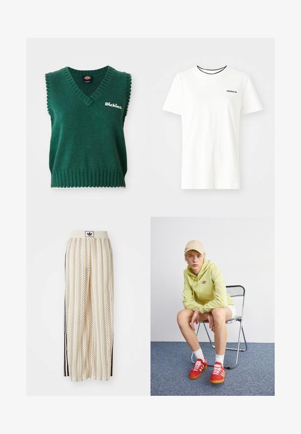 Grønn ermeløs strikket vest med V-hals, ribbestrikkede kanter, hvit kanting, og "Dickies" logo på brystet.; Hvit bomull t-skjorte med korte ermer og rund hals. Har en svart Adidas-logo på brystet og en kontrasterende svart indre krage.; Kremfargede bukser med brede ben og zigzag-mønster, med en svart logo-linning og svarte striper på siden. Lett, teksturert stoff.; Lys grønn hettegenser med logo, hvite shorts, røde sneakers med hvite striper, sitter på en krom sammenleggbar stol mot en nøytral bakgrunn.