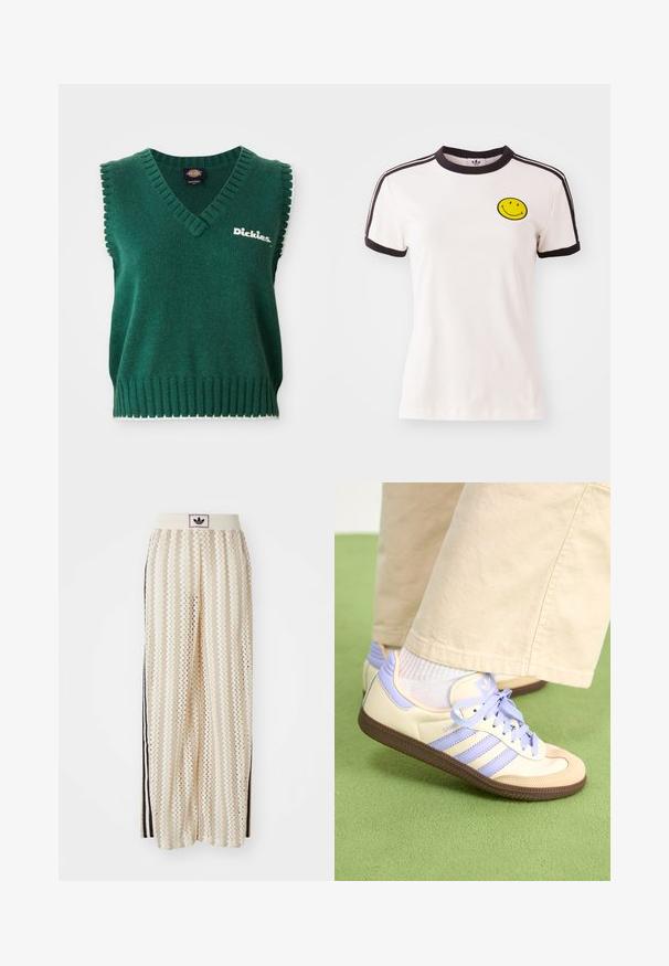 Grüner ärmelloser Strickpullover mit V-Ausschnitt, gerippten Kanten, weißem Saum und "Dickies"-Logo auf der Brust.; Weißes Baumwoll-T-Shirt mit einem schwarzen Rippenkragen, kurzen Ärmeln, schwarzen Streifen-Akzenten und einem gelben Smiley-Gesicht, das auf der Brust gestickt ist.; Cremfarbene, weit geschnittene Hosen mit einem Zickzackmuster, ausgestattet mit einem schwarzen Logo-Bund und seitlichen schwarzen Streifen. Leichter, strukturierter Stoff.; Cremefarbene und lavendelfarbene Sneakers mit drei Streifen und einer strukturierten braunen Sohle, ausgestattet mit Schnürsenkeln und einer gepolsterten Ferse. Obermaterial aus weichem Stoff.