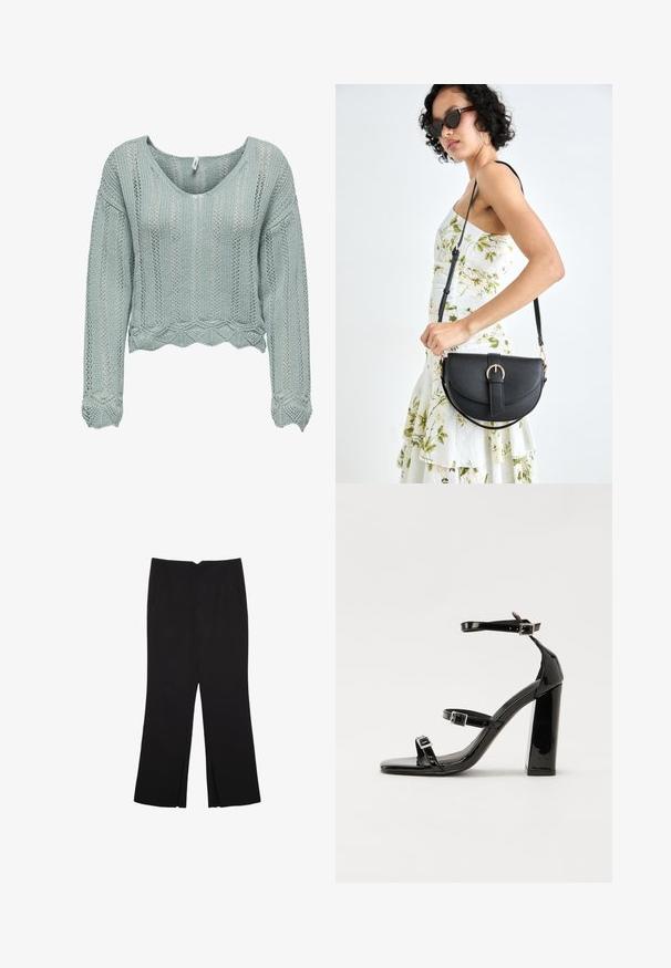 Hellgrüner, kurz geschnittener Pullover aus Strickstoff mit V-Ausschnitt, langen Ärmeln und welligem Saum. Verfügt über ein durchgehendes Lochmuster.; Schwarze Hose mit geradem Schnitt, ausgestattet mit Fronttaschen und Seitenschlitzen am Saum. Hergestellt aus weichem, glattem Stoff. Geeignet für verschiedene Anlässe.; Schwarze patentierte Sandalen mit Absatz, quadratischer Spitze, Knöchelriemen und silbernen Schnallen. Mit einem stabilen Blockabsatz für mehr Stabilität.; Schwarze Lederhandtasche mit geschwungener Form, abnehmbarem Tragegurt und goldenen Beschlägen. Die Tasche verfügt über einen Deckel mit einer Schnallen-Details.