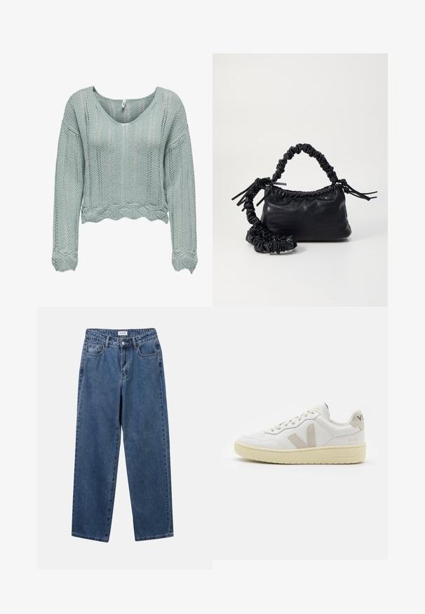 Hellgrüner, kurz geschnittener Pullover aus Strickstoff mit V-Ausschnitt, langen Ärmeln und welligem Saum. Verfügt über ein durchgehendes Lochmuster.; Klassische blaue Denim-Jeans mit geradem Bein, fünf Taschen und Knopfverschluss. Sie verfügen über eine mittelblau gewaschene Optik und sind aus robuster Textur.; Weiße Ledersneaker mit beigen Wildlederakzenten, perforierte Zehenbox, flache Schnürsenkel und eine strukturierte cremefarbene Sohle. Mit dezentem Branding an der Ferse.; Schwarze Handtasche aus Kunstleder mit Krokodilstruktur, gerafftem oberen Teil und einem geschoppten Tragegurt. Sie wirkt weich und kompakt im Design.