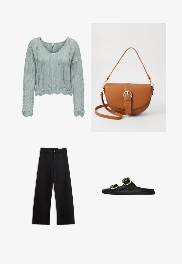 Pull court vert clair en tissu tricoté, avec un col en V, des manches longues, et un ourlet ondulé. Présente un motif ajouré dans tout le vêtement.; Pantalon en denim noir à jambes larges avec une taille haute, comprenant des poches avant et arrière, des coutures piquées et une fermeture à bouton. Texture lisse.; Sandale noire à glissière avec deux accents de boucle en or, en matériau lisse, semelle plate et design minimaliste.; Sac bandoulière en cuir marron avec une forme incurvée, quincaillerie dorée et un accent en boucle. Comprend une bandoulière détachable.