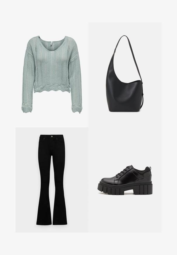 Šviesiai žalias apkirptas džemperis, pagamintas iš megztos medžiagos, su V formos iškirpte, ilgomis rankovėmis ir banginiu kraštu. Visas džemperis puošia akies raštas.; Juodos aukšto liemens džinsai su mygtuku ir užtrauktuku, priekinėmis kišenėmis ir platėjančiomis kojomis, išdėstyti ant baltos fono.; Juodi odiniai platformos batai su masyviu blokuota kulniuku, apvalia nosimi ir tradiciniu šnypštimo dizainu. Turintys glotnų paviršių ir minimalų dekoravimą.; Juodas odinis hobo maišas su lygiu paviršiumi, kreipta forma ir viena reguliuojama rankena; turi platų atidarymą viršuje.