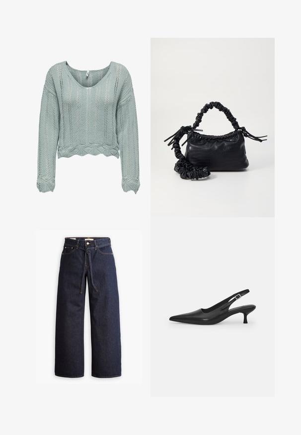 Svetlozelený skrátený sveter vyrobený z pletenej látky s výstrihom do V, dlhými rukávmi a vlnitým lemom. Zdobí ho otvorený vzor po celom povrchu.; Široké tmavomodré denimové džínsy s vysokým pásom, so šnúrkou na sťahovanie, piatimi vreckami a kontrastným prešívaním.; Čierne kožené sandále s úzkym špičatým prstom a štíhlym zakriveným podpätkom. Majú diskrétny nastaviteľný popruh s kovovou sponou.; Čierna umelá kožená kabelka s kroko vzorom, sťahovaným vrchom a zhnutým popruhom. Vyzerá mäkko a kompaktné v dizajne.