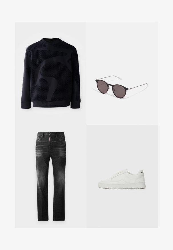 Sweatshirt noir en tissu texturé, présentant un motif tonal prominent et un col rond ; manches longues avec poignets et ourlet côtelés.; T-shirt en coton noir avec un col rond, des manches courtes et le logo "EMPORIO ARMANI" en blanc au-dessus de "Milano" dans un design incurvé.; Jean en denim noir avec une coupe droite. Présente des zones décolorées, un léger effet usé, un design classique à cinq poches et une fermeture à bouton.; Baskets en cuir blanc avec une finition lisse, bout arrondi, lacets plats et semelle texturée. Présente un logo discret sur le talon.; Lunettes de soleil noires rondes avec verres sombres et branches en métal fines. Comprend des embouts transparents et des accents argentés au niveau de la charnière. Design minimaliste.