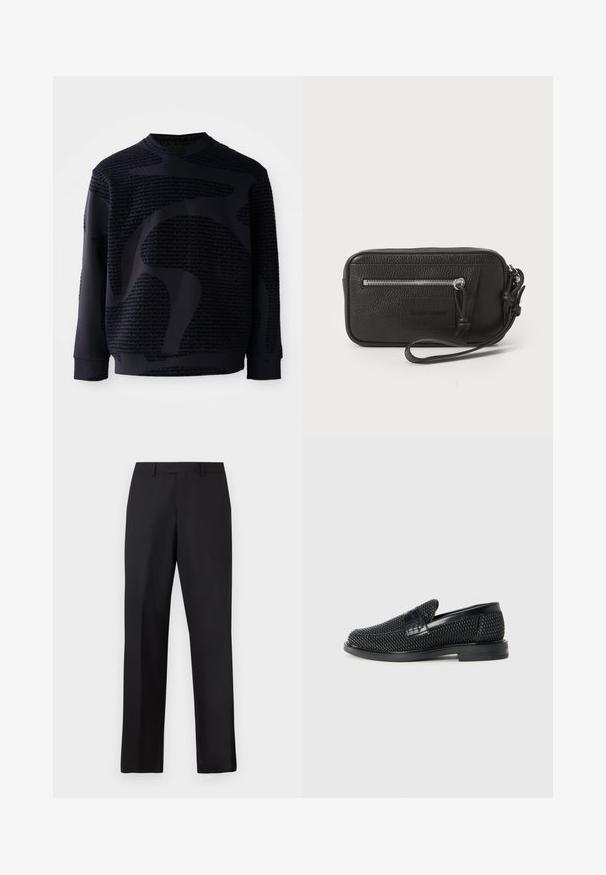 Melna sporta krekls ar teksturētu audumu, piedāvājot izteiktu tonālu rakstu un apaļu kakla izgriezumu; garas piedurknes ar ribotām aprocēm un apakšmalu.; Melnas, taisnas bikses no gludas auduma. Tām ir standarta jostasvieta, bez redzamiem rakstiem vai akcentsiem.; Melnas austas slaidu kurpes ar gludu ādas akcentu augšpusē, apaļas formas purngalu un zemas profila gumijas zoli.; Melnas ādas clutch soma ar teksturētu virsmu, priekšējo rāvējslēdzēja kabatu un noņemamu roku siksnu. Iekļauts logotipa uzlikums priekšpusē. Taisnstūra forma.
