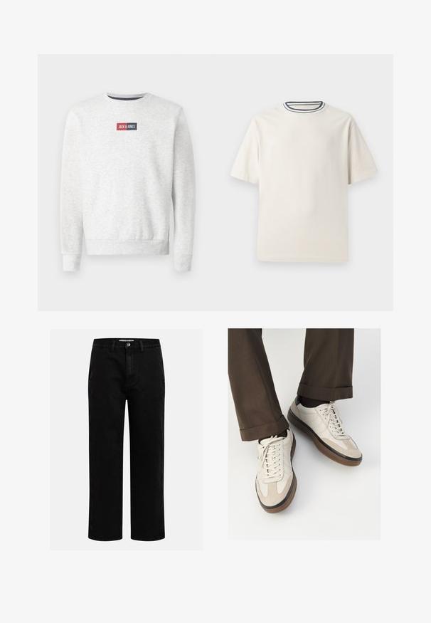 Grijze sweatshirt met een ronde hals, geribde manchetten en zoom, met een rood en marineblauw rechthoekig logo-opdruk op de borst. Zachte stoftextuur.; Crème-kleurige katoenen t-shirt met korte mouwen, met een ronde halslijn die is accentueerd met marineblauwe en witte strepen. Soepele textuur, ontspannen pasvorm.; Zwarte denim broeken met een rechte pijp, klassieke vijf-pocket structuur en een knoopsluiting in de taille. Glad materiaal en duurzame stof.; Beige sneakers met een leren voorkant van textuur-suède, gladde leren zijkanten en een bruine rubberen zool. Veters en lichte stikseldetails inbegrepen.