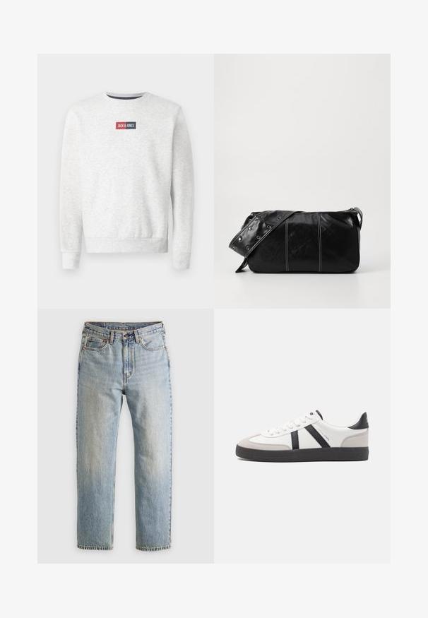 Felpa grigia con colletto rotondo, polsi e orlo a coste, con un patch rettangolare rosso e blu sul petto. Tessuto morbido.; Jeans in denim azzurro chiaro con vita alta, bottone anteriore, cerniera e design a cinque tasche, adagiati su uno sfondo neutro.; Sneaker bianco con accenti neri e grigi, dotata di una punta grigia testurizzata, suola in gomma nera e lacci bianchi piatti. Design pulito, stile minimalista.; Borsa a spalla in pelle nera con chiusura a zip, caratterizzata da un corpo testurizzato, cuciture bianche e una tracolla con occhielli in argento.