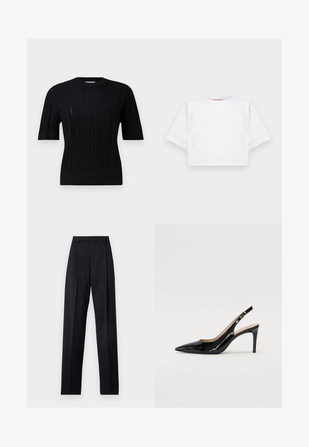 Filippa K BRAID - Strickpullover - black; Beschnittenes weißes T-Shirt aus weichem Stoff, mit kurzen Ärmeln, rundem Halsausschnitt und gerippten Saumdetails. Einfaches und schnörkelloses Design.; Schwarze Hosen aus glattem Stoff mit hoher Taille, weitem Bein, vorderen Falten und klassischen Gürtelschlaufen. Keine sichtbaren Seitentaschen.; Schwarz lackierte Slingback-Pumps mit spitzem Zehenbereich, schlankem Absatz und einem subtilen Ausschnittdesign. Verfügt über eine goldene Schnalle am Riemen.