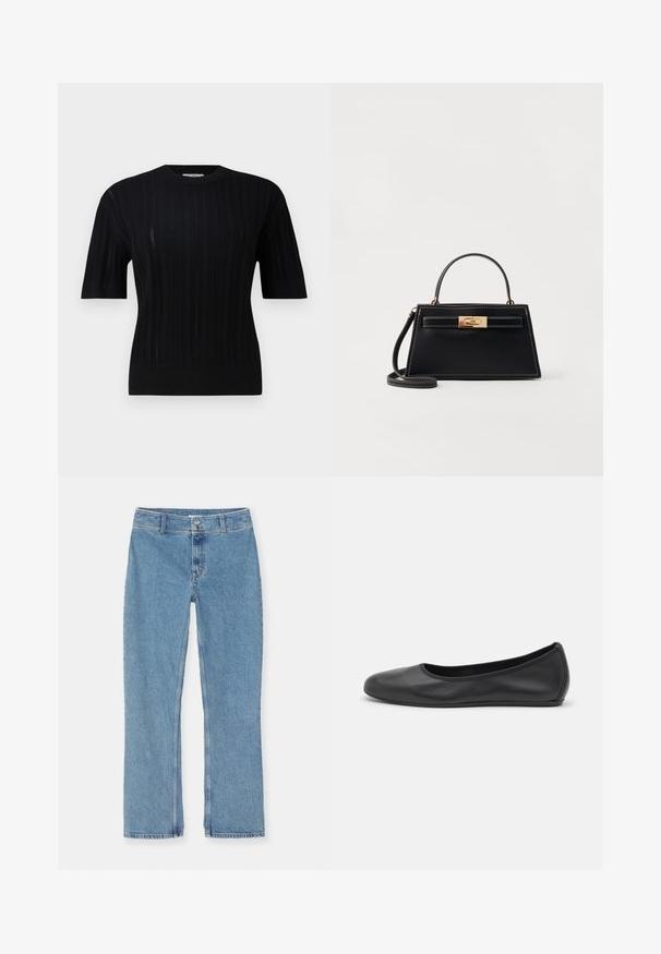Filippa K BRAID - Džemperis - black; Šviesiai mėlyni tiesaus kirpimo džinsai su mygtukų ir užtrauktuko uždarymu, diržo kilpos ir standartinis siuvimas ant balto fono.; Juodai odiniai baletai su apvaliu pirštu, lygi texture, minimalus siuvimo detales ir lanksčiu padų dizainu.; Juodas odinis rankinukas su struktūrine trapezoidine forma, auksinė hardware užsegimas ir kontrastinga balta siuvinėjimo. Įskaičiuotas trumpas rankenos ir ilgas dirželis.