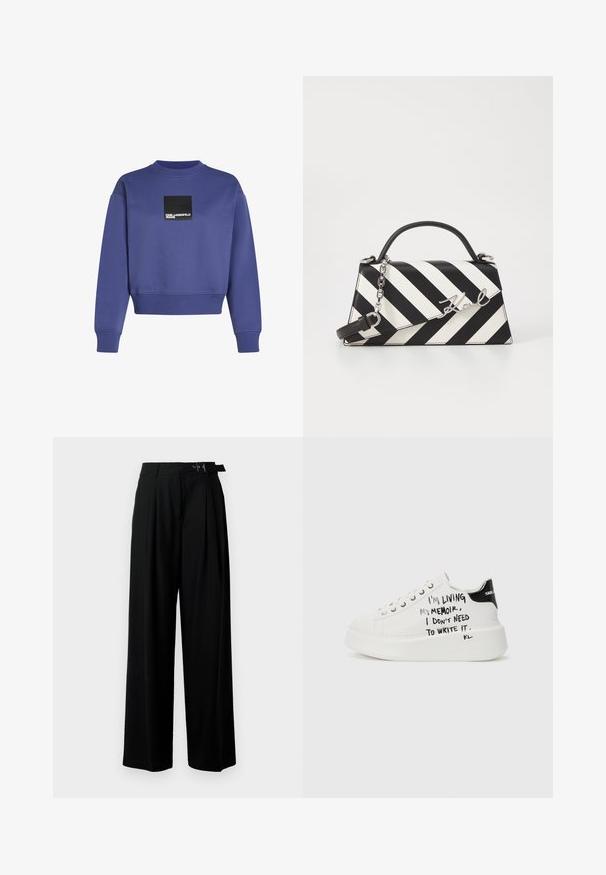 Fialová mikina so žebrovaným výstrihom a manžetami. Obsahuje čierny štvorcový nášivku s bielym textom. Zmes bavlny, voľný strih.; Čierne široké nohavice s vysokým pásom, skladmi vpredu a opaskom s prackou. Vyrobené z hladkej, ľahkej textílie.; Biele platformové tenisky s čiernymi akcentmi, vybavené textúrovanou podrážkou a ručne písaným textom na bočných stranách. Hladký kožený materiál.; Čierno-bielo pruhovaná kabelka so štruktúrovaným tvarom, obsahujúca hornú rúčku, odnímateľný reťazový popruh a kovový logo akcent.