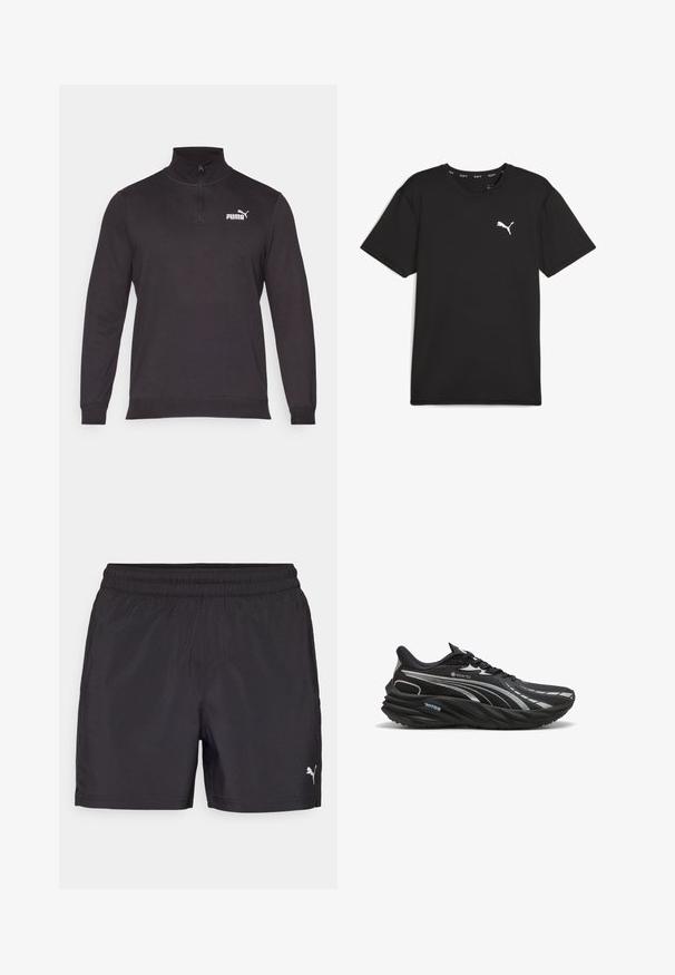 Mikrofon svart pullover sweatshirt i stickad tyg, med halvdragkedja i kragen, långa ärmar och en vit Puma-logotyp på vänster bröst.; Lyhythihainen musta urheilupaita, joka on valmistettu synteettisestä kankaasta. Vasemmassa ylärinnassa on valkoinen Puma-logo. Paidan pinta on sileä ja kaula-aukko on pyöreä.; Musta urheiluverkko hame, joka on valmistettu kevyestä materiaalista, joustavalla vyötärönauhalla ja jossa on pieni valkoinen logo alhaalla.; Musta juoksukenkä, joka on valmistettu GORE-TEX-materiaalista. Kenkässä on tekstuurinen päällinen, kaareva pohja ja heijastavat hopeiset yksityiskohdat.