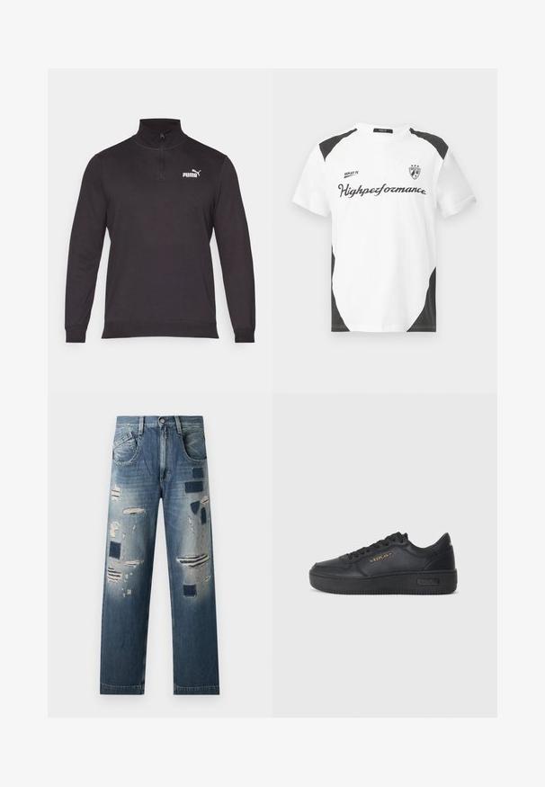 Fekete pulóver, kötött anyagból készült, félig cipzáros gallérral, hosszú ujjakkal, és bal mellen fehér Puma logóval.; Fehér, rövid ujjú póló fekete részletekkel. Az "REPLAY FC" logó és a "Highpeformance" felirat sportos betűtípussal díszíti. Simogatós anyagból készült.; Farmernadrág, amely kopott foltokkal és változó kék árnyalatokkal rendelkezik, egyenes szárú fazonnal és hagyományos ött zsebes kialakítással.; Replay EPIC HIGH - Sportcipő - black