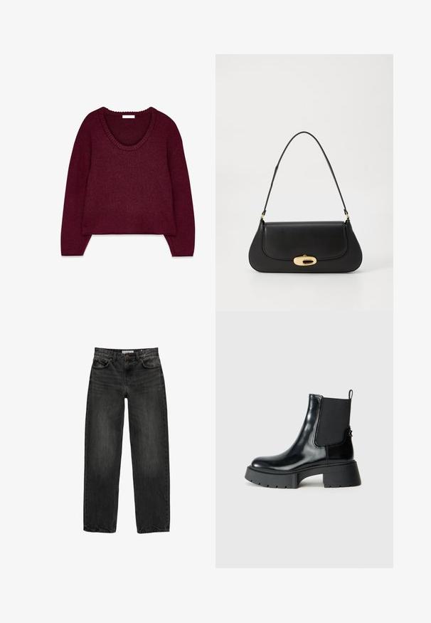Burgunderpullover mit V-Ausschnitt, langen Ärmeln und geripptem Kragen. Weicher Stoff und lockere Passform, mit verkürztem Saum.; Schwarze Jeans aus Denim mit lockerer Passform, geradem Bein, fünf Taschen-Design und einer leicht gewaschenen Textur. Knopf- und Reißverschluss vorne.; Schwarze Knöchelstiefel aus glänzendem Leder mit elastischen Seiteneinsätzen, einem Zugtab und einer robusten Gummisohle mit strukturiertem Profil.; Schwarze Lederhandtasche mit geschwungenem Design, Beschlägen in Goldfarbe und einem oberen Griff. Verfügt über einen eleganten Verschluss und eine glatte Textur.