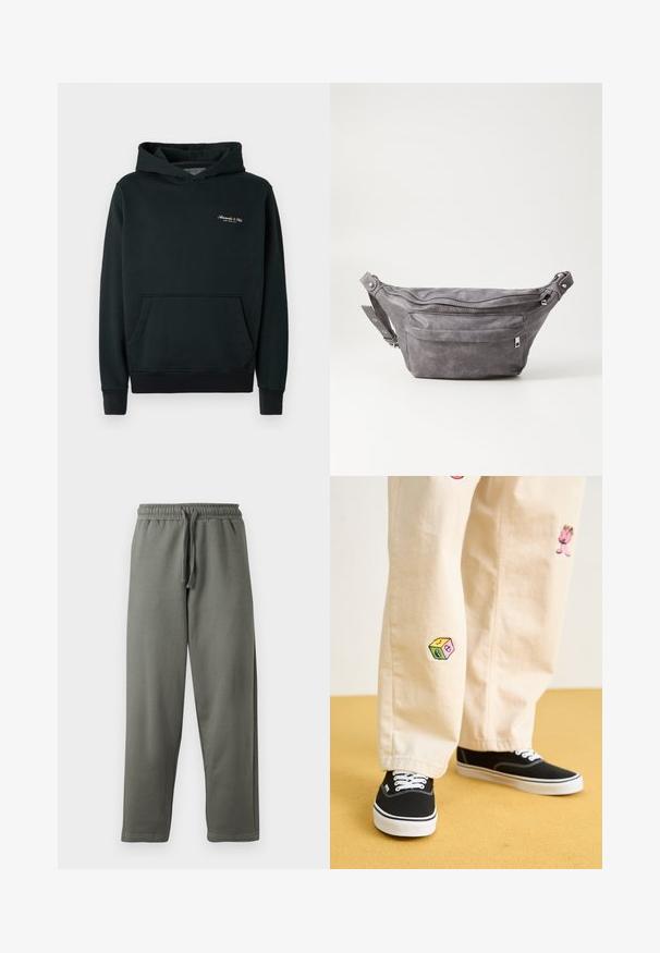 Felpa verde scuro in morbido tessuto, con tasca frontale e polsini e orlo a coste. Piccolo logo bianco sul petto.; Pantaloni della tuta grigi in morbido tessuto con vita elasticizzata e coulisse; presentano un taglio dritto e dettagli di cucitura minimi.; Pantaloni di cotone beige con divertenti ricami che includono un personaggio rosa e un blocco colorato, abbinati a sneaker nere con lacci.; Fanny pack in suede grigio con forma arrotondata, due scomparti con cerniera e tracolla regolabile. Presenta dettagli in metallo.