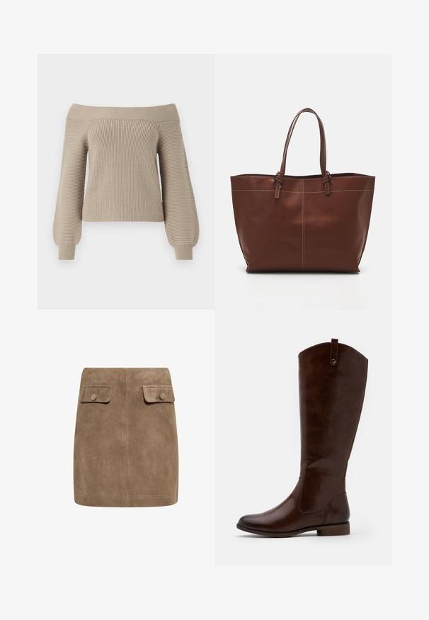 Beige off-the-shoulder gebreide trui met ribbeltextuur, lange ballonmouwen en een aansluitend lijfje. Gladde stofafwerking, casual ontwerp.; Bruine suède mini-jurk met een gladde textuur, voorzien van twee voorflapzakken en knoopsluitingen aan elke kant. Eenvoudig, recht ontwerp.; Bruine kniehoge laarzen van soepel leer, met een ronde neus, lage gestapelde hak en een subtiel stikselpatroon langs de zijkanten.; Bruine leren tote bag met dubbele handvatten, heeft contrasterende stiksels en een ruime indeling, geschikt voor dagelijks gebruik.