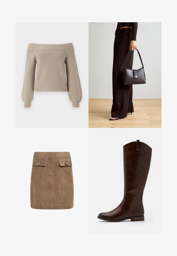 Beige, schulterfreier Strickpullover mit gerippter Oberfläche, langen Ballonärmeln und schmalem Schnitt. Glatte Stoffoberfläche, lässiges Design.; Brauner Wildleder-Minirock mit glatter Textur, ausgestattet mit zwei vorderen Klappentaschen und Druckknopfverschlüssen an beiden Seiten. Schlichtes, gerades Design.; Braune kniehohe Stiefel aus glattem Leder, mit runder Zehenform, niedrigem Blockabsatz und einem dezente Stichmuster an den Seiten.; Schwarze Handtasche mit strukturierter Form, glatter Textur und einem metallischen Verschluss. Kombiniert mit weiten schwarzen Hosen und offenen Sandalen auf einem Holzboden.