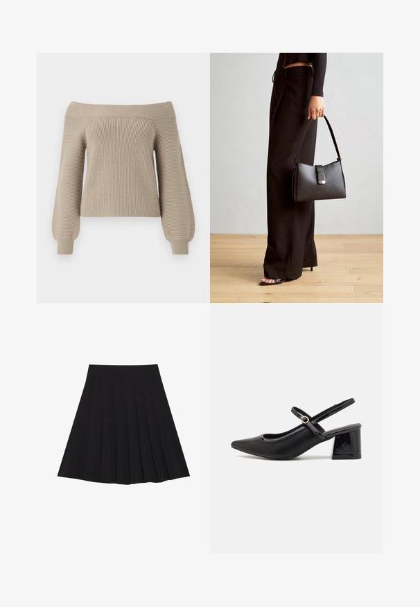 Beige off-the-shoulder neulepusero, jossa on ribbitoiminta, pitkät pallohiha ja istuva malli. Sileä kangaspinta, rento muotoilu.; Musta taitettu hame, joka on valmistettu teksturoidusta kankaasta ja jossa on tiukka vyötärö. Laskeutuu polveen, ja siinä on suora ja siisti siluetti.; Musta lakattu nahka slingback-korkokengät, joissa on terävä kärki, pyöreä aukko-muotoilu ja lohkokorko. Varustettu kultasävyisellä solkiyksityiskohdalla.; Musta käsilaukku, jossa on rakenteellinen muoto, sileä pinta ja metallinen solki. Yhdistetty leveisiin mustiin housuihin ja avonaiheisiin sandaaleihin puulattialla.