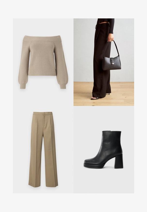 Beige ühte õlgadele jääv kootud sviiter ribatekstuuriga, pikad balloonvarrukad ja keha ümber tihedalt rustikaliselt liibuv. Sujuva kanga viimistlus, juhuslik disain.; Beeži laiad püksid, mis on valmistatud tekstuuriga kangast. Omavad esiseid voldikesi ja lamedat vööd. Ei ole nähtavaid kinniseid ega taskuid.; Must musta ankle boot, milleplokk-konts ja platvormi tallaga, vaadatud küljelt ühetoonilise valge tausta peal.; Must musta kott, millel on struktureeritud kuju, sile tekstuur ja metallist klamber. Kombineeritud laiate mustade pükstega ja avatud varvaste sandaalidega puidust põrandal.