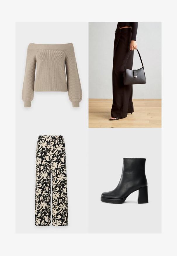 Pull en maille beige à épaules dénudées avec texture côtelée, manches longues ballon et corps ajusté. Finition en tissu lisse, design décontracté.; Pantalon large noir avec un motif floral crème. Fabriqué en tissu léger, il présente une texture lisse et une taille haute.; Bottine en cuir noir avec un talon bloc et une semelle plateforme, vue de côté sur un fond blanc uni.; Sac à main noir à la forme structurée, texture lisse et fermoir métallique. Associé à un pantalon noir ample et des sandales ouvertes sur un sol en bois.