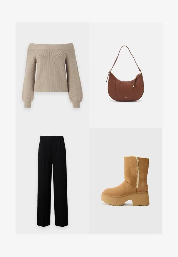 Pull en maille beige à épaules dénudées avec texture côtelée, manches longues ballon et corps ajusté. Finition en tissu lisse, design décontracté.; Pantalons noirs à jambes larges avec une texture lisse, présentant un devant plat, des plis et une taille ajustée. Aucun accessoire visible ni motif.; UGG NEW HEIGHTS CUFF - Bottes de neige - chestnut; Sac à épaule en faux cuir brun, de forme arrondie, avec des coutures minimales et un accent en matériel doré. Il possède une fermeture zippée sur le dessus et une sangle réglable.